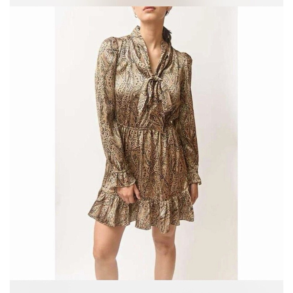 Walter Baker Brown/Black Paisley Collared Tie Neck Ruffle Mini Dress Sz S